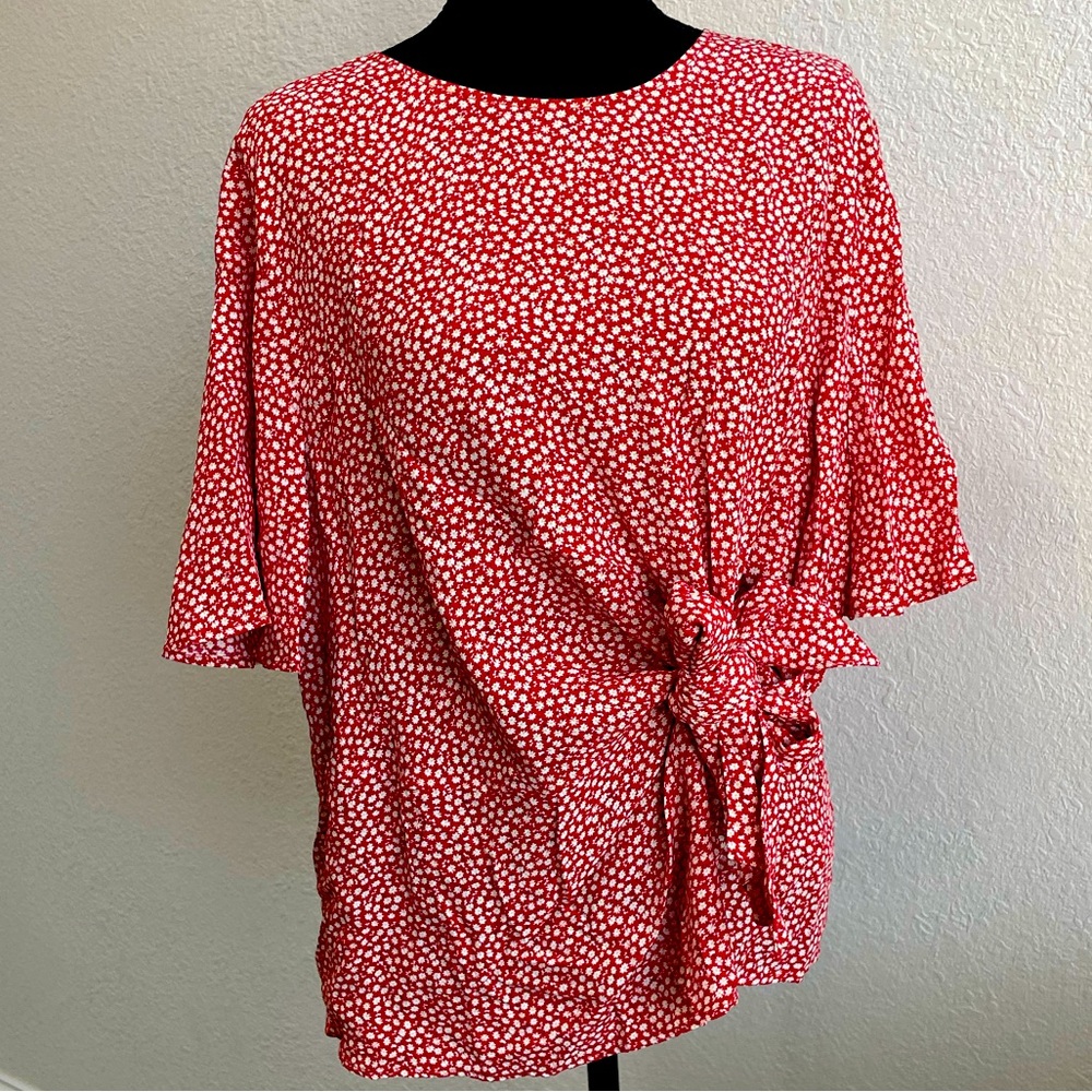 H&M •White and Red Floral Blouse with Tie Detail in Front